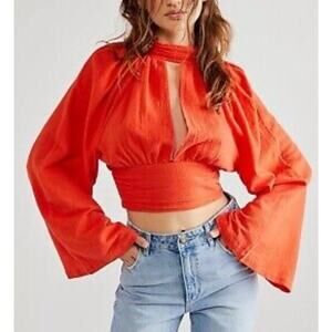 Jens Pirate Booty x Free People Crop Top Womens S Orange Gauzy Keyhole Plunge